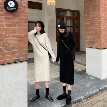 Mozuleva Naujų 2020 M. Rudens Žiemos Moterų Suknelės, Megzti Korėjos Stiliaus Madingi Negabaritinių Šilta, Elegantiška Ponia Midi Suknelė