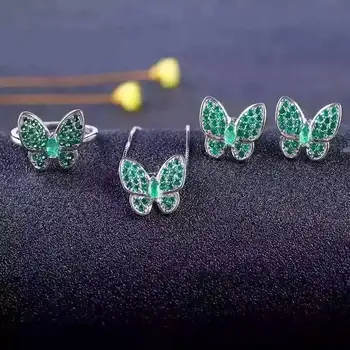 Natūralus žaliasis smaragdas, perlas juvelyrikos rinkiniai, natūralus akmuo žiedas, Pakabukas Auskarai 925 sidabro Elegantiškas puikus širdies drugelis juvelyrikos