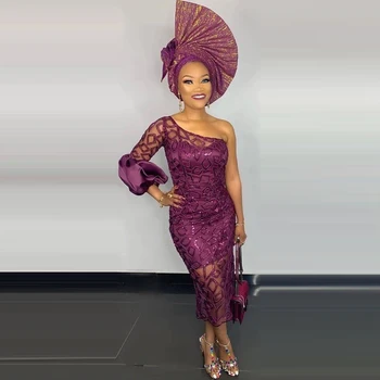 Nauja Kolekcija Aso Ebi Prom Šalis Suknelės Violetinė Vieną Petį Ilgomis Rankovėmis Arbata Ilgis Afrikos Iškilmingas Renginys Šalis Chalatai