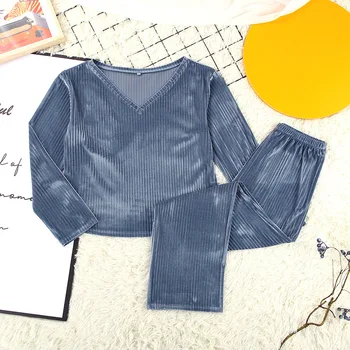 Nauja Mėlyna Aukso, Deimantų Aksomo ilgomis rankovėmis Šilta Pižama Kostiumas Moterų Duobę Dryžuotas Paprasta Madingi 2-piece Homewear Pijama Ia