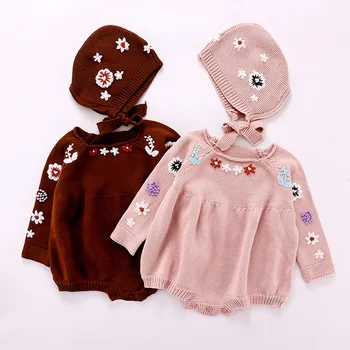Naujagimio Megztinis Naujas Rudens-Žiemos Baby Girl Rankomis siuvinėti Gėlių ilgomis rankovėmis Jumpsuit + Hat Nustatyti Kūdikio Romper