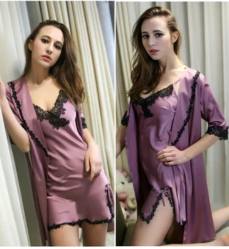 Naujas atvykimo 2020 m sexy moterų apdaras nustatyti trumpi naktiniai drabužiai patalpų sleepwear šilko nėriniai lady chalatas dviejų dalių vonios chalatai A540