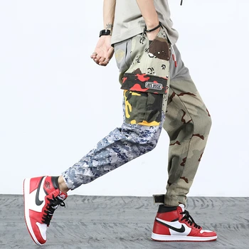 Naujas Harajuku Kratinys Krovinių Kelnės, vyriški Hip-Hop Streetwear Poilsiu Kelnės Elastingos Juosmens Atsitiktinis Kamufliažas Kelio Vyrų Kelnės