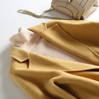 Naujas Korėjos 2021 M. Rudens Ir Žiemos Paltai Moterims Trumpas Vilnos Striukė Diržo Abiejų Pusių Kašmyro Paltas Moteriška Geltona Juoda Outwear Casaco