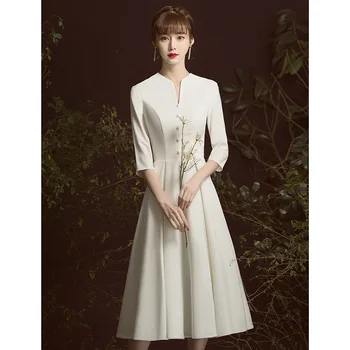 Office Lady Elegantiškas Oficialų Šalis Suknelė Balta Temperamentas Kietas Plisuotos Suknelės Išskirtinį Mygtuką Apdaila V-Kaklo Pokylių Suknelė