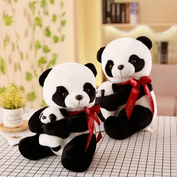 Panda Tėvas ir Sūnus Pliušiniai Žaislai Vaikams Geriausia Pristato Mielas Dovanas Vaikų Dienos Įdaryti Lėlės Panda su Raudona BowTie 25/30cm