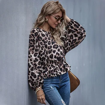 Pavasario/Rudens Ponios Leopardas Spausdinti Marškiniai ir Palaidinės Moterų Mados Madinga Gatvės Stiliaus Raukiniai O-Kaklo Viršūnes Žibintų Rankovėmis Drabužius