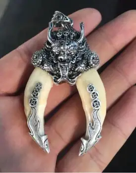 Pendentif chinois archaize dent de sanglier göttinger sauvage | Dragon argenté, pendentif talismanas de apsauga