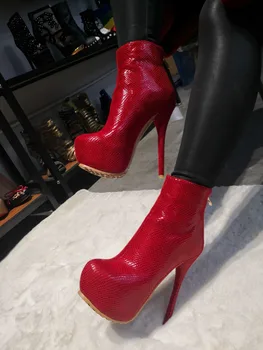 Plius size47 raudona platformos ekstremalių aukšto kulno batai moterims gyvatės odos spausdinti, suapvalinti tne užtrauktukas seksualus botines batus moteris