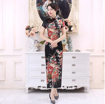 Plus Size 6XL Kinijos Moterims Cheongsam Lady Qipao BLACK Print Gėlių Ilga Suknelė ir Nuotaka Vestuvių Suknelės Elegantiška Suknelė Vestidos