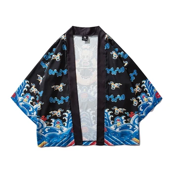 Plus Size Tangsuit Spausdinimo Kimono Skraiste Haori Japonijos Azijos Vyrų Unisex Dragon Yukata Retro Šalies Laisvi juodas Japonijos Mados