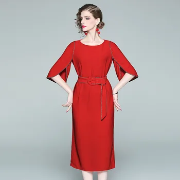 Ponios juosmens kaklaraištis su plonas plonas moteriška suknelė elegantiškas moterų suknelė plius dydžio raudonos S M L XL