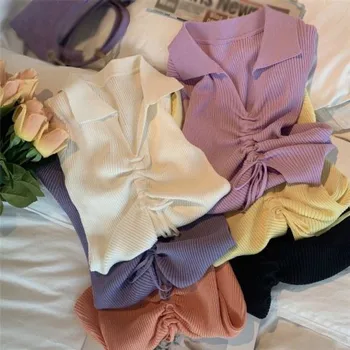 Ponios V-kaklo vientisos spalvos atsitiktinis laukinių trikotažo marškinėliai kvėpuojantis ir patogus plonas raišteliu megzti trumparankoviai viršų