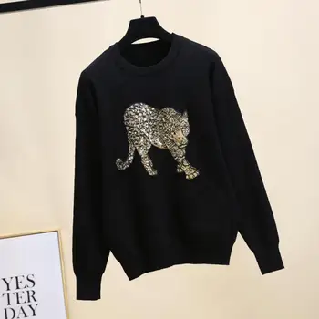 Prekės Ženklo Dizainas Moterų Žiemos Leopardas Spausdinti China Siuvinėjimo O-Kaklo Džemperis Juodos Mados Vintage Megztinis Kilimo Ir Tūpimo Tako Naujų Drabužių 2020 M.