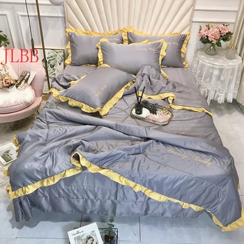 Princesė stilius plauti šilko mesti lova nustatyti 4pcs/set raukiniai kratinys antklodė vasaros antklode 4pcs antklodės nustatyti rožinė lova padengti namų lapas