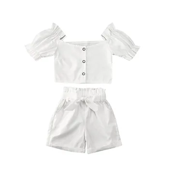 Princesė Vaikams Baby Girl Vasaros balta apranga Off-Pečių mygtuką apkarpyti top Vest Viršūnes Bowknot Šortai, Sijonas Mergaitėms Šalies Drabužių Rinkinys