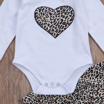 Pudcoco Naujagimis Vaikas Baby Girl Leopard Širdies Drabužius Gėlių Jumpsuit Bodysuit+Ilgas Kelnes Apranga Nustatytas 0-24M