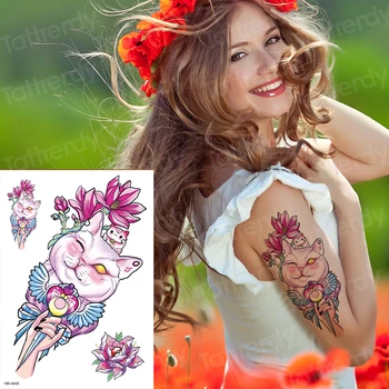 Rankovės tatuiruotė merginos rankos atgal laikina tatuiruotė fox katė gyvūnų, gėlių moterų netikrą tatuiruotę didelis vandens perdavimo 6pcs/rinkiniai, decal lapas
