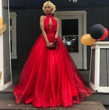 Raudona Prom Dress-line Aukštos Kaklo Backless Šalis, Chalatai Ilgai Organza Oficialią Dėvėti Vestido Gala