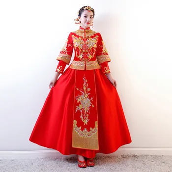 Raudona Vestuvinė suknelė, tradicinė kinų Qipao Nacionalinių Kostiumų Moterų Užjūrio Naująjį Kinijos Stiliaus Nuotaka Siuvinėjimo Cheongsam S-3XL