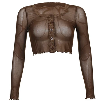 Rockmore Ruda Akių Raukiniai, T-marškinėliai Moterims Derliaus ilgomis Rankovėmis Viršūnes 90s Streetwear Seksualus Apkarpytos Tees Single-breasted Komplektus Y2K