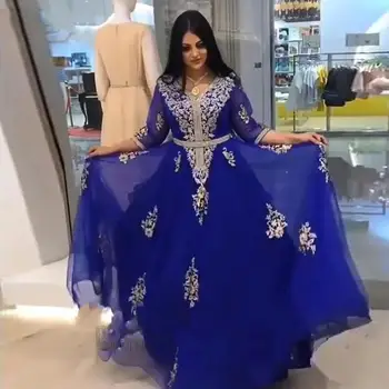 Royal Blue Maroko Kaftan Prom Dresses 2021 Pusė Rankovių Appliques Aukso Nėrinių Dubajus Arabų Musulmonų Ypatinga Proga-Suknelė Oficialus