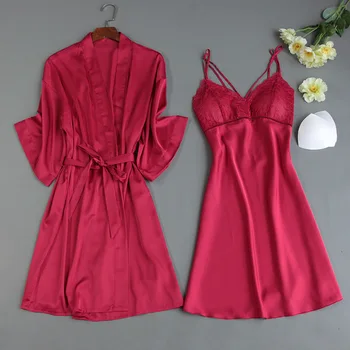 Rožinės spalvos Vestuvių Apdarą 2VNT Sleepwear Moterų Sexy Pižamą Atsitiktinis Chalatas Kimono Suknelė Švelni Intymus apatinis Trikotažas Nėrinių Namų Suknelė