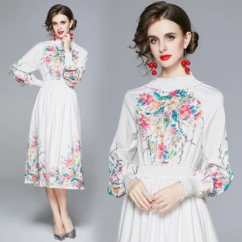 Rudenį moterų naują stilių prancūzijos šviesą high-end padėties nustatymo palace spausdinimo ilgomis rankovėmis balta ilga suknelė