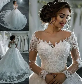 Saudo Arabų Dubajus Vestuvių Suknelės Ilgomis Rankovėmis Kamuolys Suknelė Vestuvių Suknelė Vien Bling Puošnios Nėrinių Koplyčia Vestuvinės Suknelės 2019 Turkija