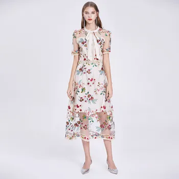 Senovinių Gėlių Siuvinėjimas Bohemijos Suknelė trumpomis Rankovėmis O-kaklo Ilgai Midi Atostogų Suknelės 2020 Naujas Vasaros