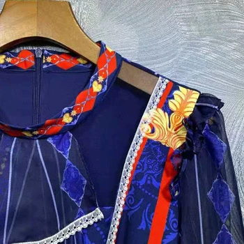 SEQINYY Tamsiai Mėlyna Suknelė Vintage Spausdinti Aukštos Kokybės Vasarą, Pavasarį, Naujų Mados Dizaino Moterų kilimo ir tūpimo Tako Raukiniai, Nėriniai Mini