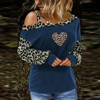 Sexy Marškinėliai Leopardas Spausdinti Moterų Off-Pečių Leopard Susiuvimo Long Sleeve Tee Viršūnes Atsitiktinis Nerijos Apykaklės Tshirts Naujas 2020 M.