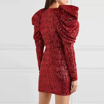 Sexy Raudona Blizgučiais Suknelė Moterims 2019 Giliai V-kaklo, Blizgančiais Mini Bodycon Suknelės Rudens Žiemos Ilgos Rankovės Įžymybė Šalis Suknelė