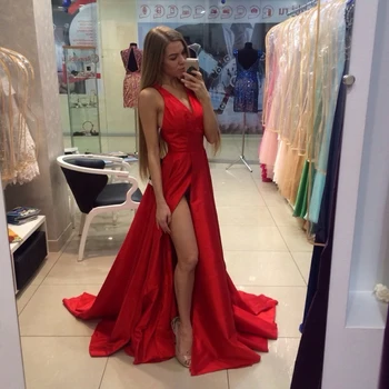 Sexy V Kaklo Elegantiškas Raudonas Priekiniai Padalinta Vakaro Suknelės Ilgai Prom Chalatai Vakare Line 2019 Mažų Traukinį Šalis Suknelė