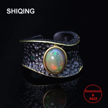 SHIQING Pobūdžio opalas žiedas, brangakmenio žiedas, sterlingas sidabro žiedas , juoda kreivė žiedą žmogus