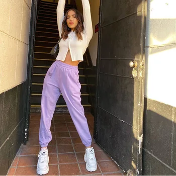 Siuvinėjimo Violetinė Atsitiktinis Sweatpants Moterų Mados Korėjos Aukšto Liemens Kelnės Ponios Kišenės Jogger Vasaros Streetwear