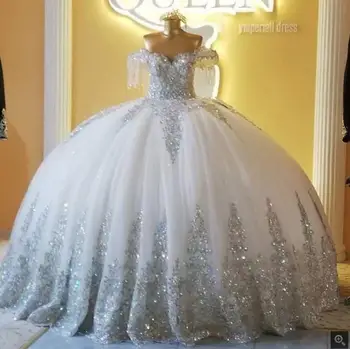 Sparkly kristalinis Kamuolys Suknelė Vestuvių Suknelės Off Peties Tiulio Nėrinių Aplikacijos kutas nėriniai-up Nuotakos Suknelė Ilga Mantija de Mariage