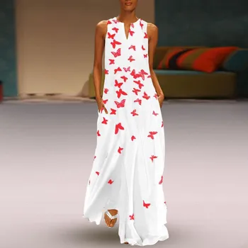 Spausdinti Baltos Spalvos Maxi Suknelė Moterų Ilgų Rankovių Vasaros Suknelė Plius Dydis Ponios Paplūdimio Boho Suknelė