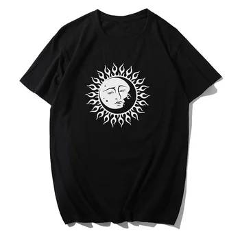 Sun Moon spausdinti marškinėliai womenO-kaklo trumparankoviai moteriški drabužiai vasaros medvilnės pagrindinio atsitiktinis vyrų ir moterų viršūnių naujas