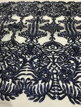 Tamsiai mėlyna Nigerijos Afrikos tiulio tinklelio, nėrinių audinys su blizgančiais Karšto parduoti prancūzų ju nėrinių vestuvės dress