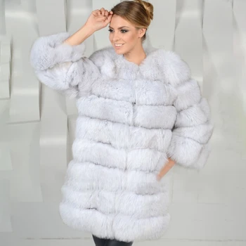 TOPFUR Mados Nekilnojamojo Kailių Paltai Moterims Baltas Kailis Žiemą Realus Fizinis Blue Fox Fur Coat Moterų, O-Kaklo Devynių Ketvirtį Rankovėmis Storio
