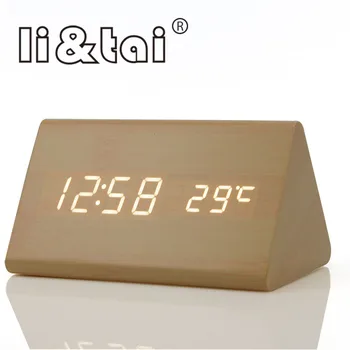 Trikampis Medinis LED Laikrodis-Žadintuvas Temperatūra Skamba Kontrolės Kalendorius Medienos LED Ekranas, Elektroninis Skaitmeninis Laikrodis-Žadintuvas Stalo Laikrodžiai