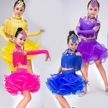 Vaikų lotynų šokių kostiumai vaikų mergaičių lotynų šokių sijonas blizgančiais kutas rodyti spektaklių kostiumai