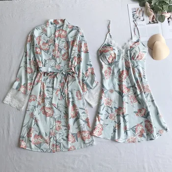 Vasaros 2VNT Sleepwear Atsitiktinis Chalatas Kimono Suknelė Spausdinti Vestuvių Apdarą Nustatyti Minkšto Satino Pižamą Intymus apatinis Trikotažas Seksualus Homewear