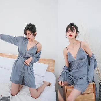 Vasaros Moterų Sleepwear Keturių Dalių Dirželis Sijonas Chalatas Šortai Nustatyti Krūtinės Mygtukai iš Laisvalaikio Viršūnes Seksualus, Mielas