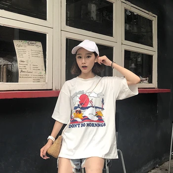 Vasaros moterų trumpomis rankovėmis animacinių filmų letter spausdinimo korėjos versija ulzzang Harajuku mados atsitiktinis BF O-kaklo punk T-shirt