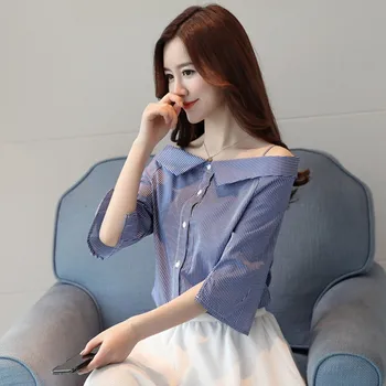 Vasaros Off Peties Palaidinė Moterims Marškinėliai Dryžuotas Velniop Kaklo Viršūnes Moterų Korėjos Mados Rayas Chemisier Femme Blusas