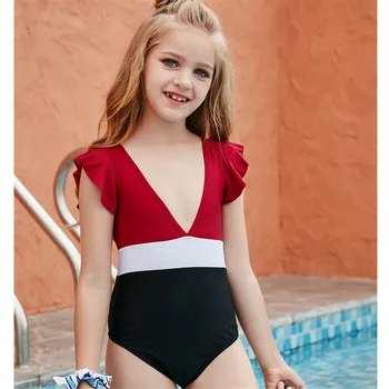 Vasaros vaikų mergaičių kontrasto susiuvimo vientisas maudymosi kostiumėlis V-kaklo raukšlės lotus lapų nėrinių rankovėmis mielas saldus vaikų maudymosi kostiumėliai