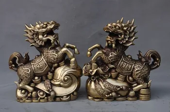 Vestuvių dekoravimas Kinija fengshui žalvario Turto Yuanbao pinigų Ruyi Vienaragis Kylin chi lin statula pora