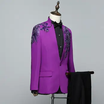 Violetinė 2020 naują atvykimo etape dainininkas slim vyrų kostiumas rinkinys su pants mens vestuvių kostiumai, blizgučiai oficialų suknelė mens jaunikis kostiumą + ziajać